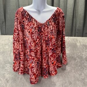 Boho Floral Peasant Top Red Blue Blush Print Long Sleeve Blouse Women's Large